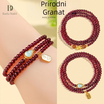 Narukvica od prirodnog granata, perle u trostrukom kružnom dizajnu, ručna izrada, Badu, ženski modni dodatak