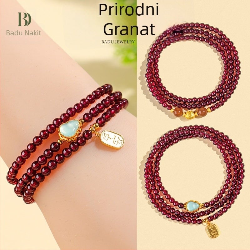 Narukvica od prirodnog granata, perle u trostrukom kružnom dizajnu, ručna izrada, Badu, ženski modni dodatak