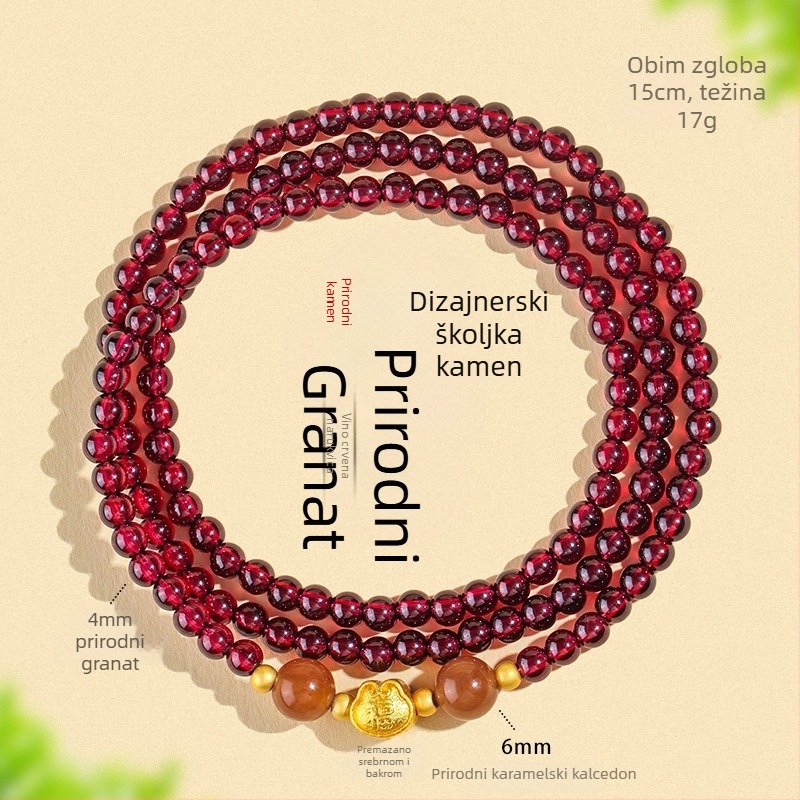 Narukvica od prirodnog granata, perle u trostrukom kružnom dizajnu, ručna izrada, Badu, ženski modni dodatak