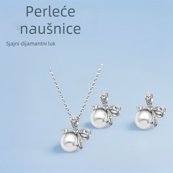 Set naušnica i ogrlice – motiv mašne, umjetne perle, dijamant završna obrada, legura, ženski stil, O-lanac, model 1289