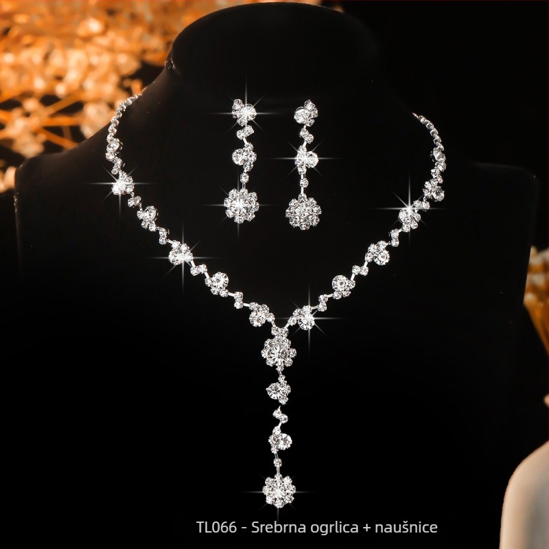 Vjenčani set nakita: ogrlica i naušnice s kristalima, korejski stil, bijeli kristali; Materijal: Kristal; Vrsta kristala: Bijeli Kristal; Privjesak: Rhinestone; Lanac: Figurativan oblik; Uzorak: Geometrijski