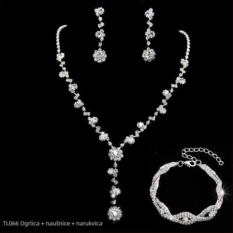 Vjenčani set nakita: ogrlica i naušnice s kristalima, korejski stil, bijeli kristali; Materijal: Kristal; Vrsta kristala: Bijeli Kristal; Privjesak: Rhinestone; Lanac: Figurativan oblik; Uzorak: Geometrijski