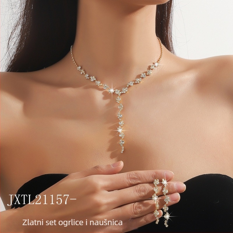 Vjenčani set nakita: ogrlica i naušnice s kristalima, korejski stil, bijeli kristali; Materijal: Kristal; Vrsta kristala: Bijeli Kristal; Privjesak: Rhinestone; Lanac: Figurativan oblik; Uzorak: Geometrijski
