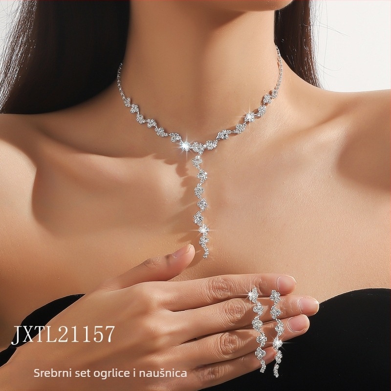 Vjenčani set nakita: ogrlica i naušnice s kristalima, korejski stil, bijeli kristali; Materijal: Kristal; Vrsta kristala: Bijeli Kristal; Privjesak: Rhinestone; Lanac: Figurativan oblik; Uzorak: Geometrijski