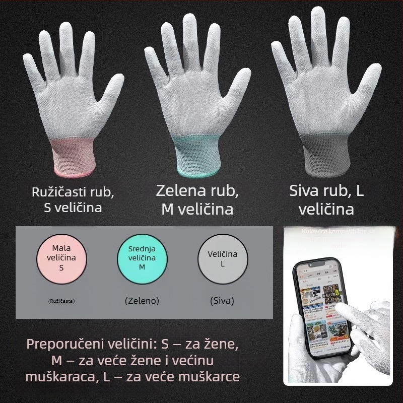 Rukavice od karbonskih vlakana s premazom na prstima i dlanu, kompatibilne s zaslonom osjetljivim na dodir, prozračne, otporne na habanje, protivklizne/antistaticke