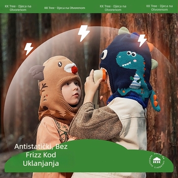 Kocotree Dječja pletena kapa s integriranim šalom s dinosaurom – zima, kupolasti vrh, za uzrast 4–6 godina