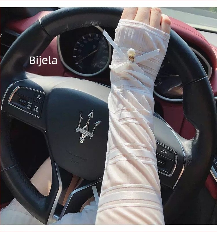 Korejski stil rukava za sunce s perlastim detaljem, dugi ice-silk rukavi za žene — najlon tkanina, sadržaj najlona 31–50%, proljeće 2025 izdanje
