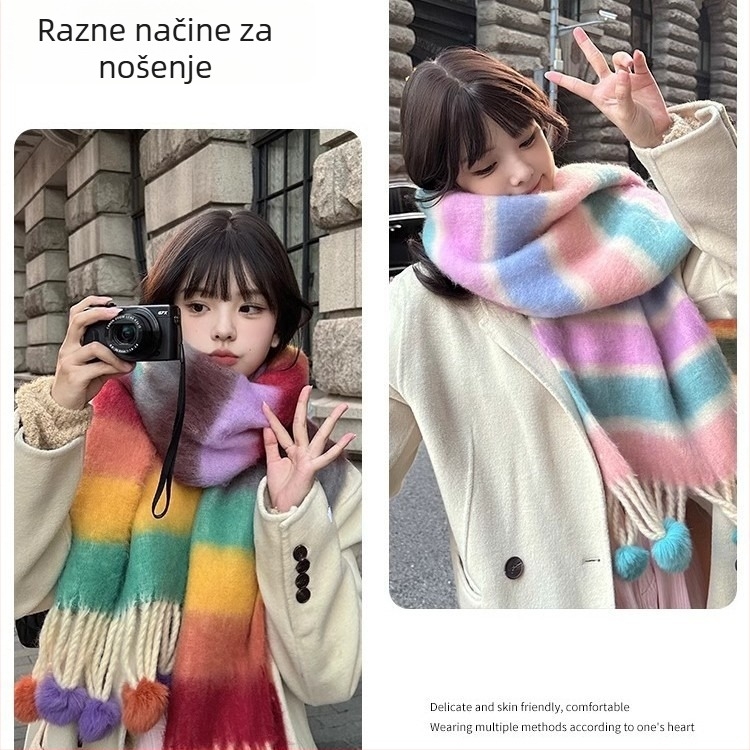 Ručni šal s pompon kuglicama i prugama, warp pletenje, imitacija kašmira, zimski stil