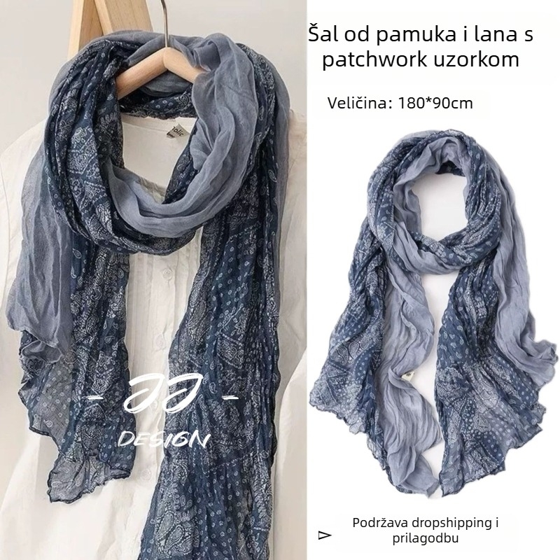 Šal od pamuka i lana, jednostavno tkanje, šivanje Cashew Flower, naborana tekstura, proljeće, književno retro stil