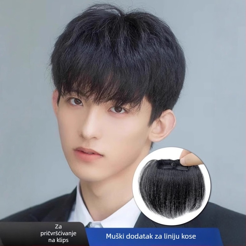 Muška perika s linijom kose - ručno tkan, duga ljudska kosa, pokriva čelnu liniju, može se bojiti