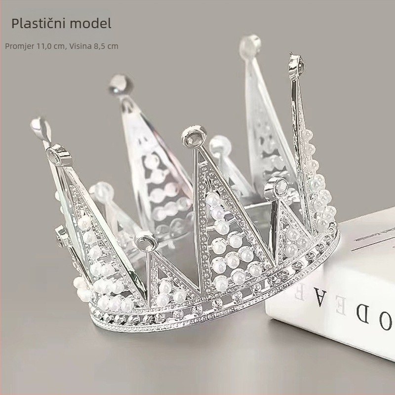 Trokutasta biserna kruna za vjenčanje i tortu – plastična tiara, ručna izrada, kristalni ukrasi