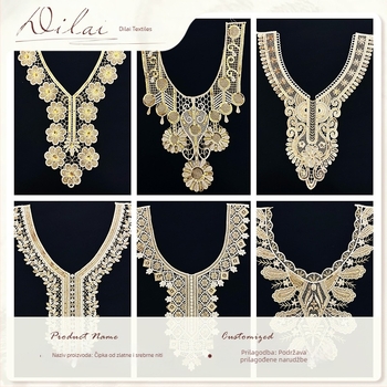 Ovratnik od zlatne niti s trodimenzionalnim cvjetnim motivom, V-izrez, vodotopna čipka za šivanje, marka Dielai.