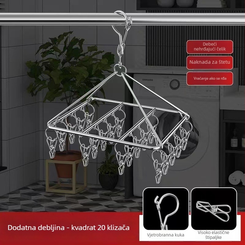 Nerđajući čelični sušili klip, multifunkcionalni držač za čarape i odjeću, model 009, sklopivi