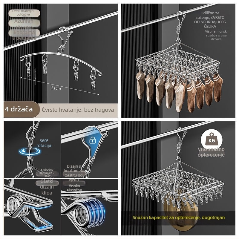 Vješalica za odjeću od nehrđajućeg čelika s 48 kopči, sklopiva višeklipna sušilica za odjeću, čarape i donje rublje