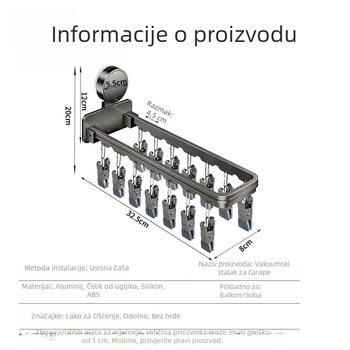 Danle Balkonno sušilo za odjeću s usisnim čašama, sklopivo s više klipsa, zidno, za donje rublje i čarape, model 115, materijali: Space aluminum + karbonska čelika + silikon + plast