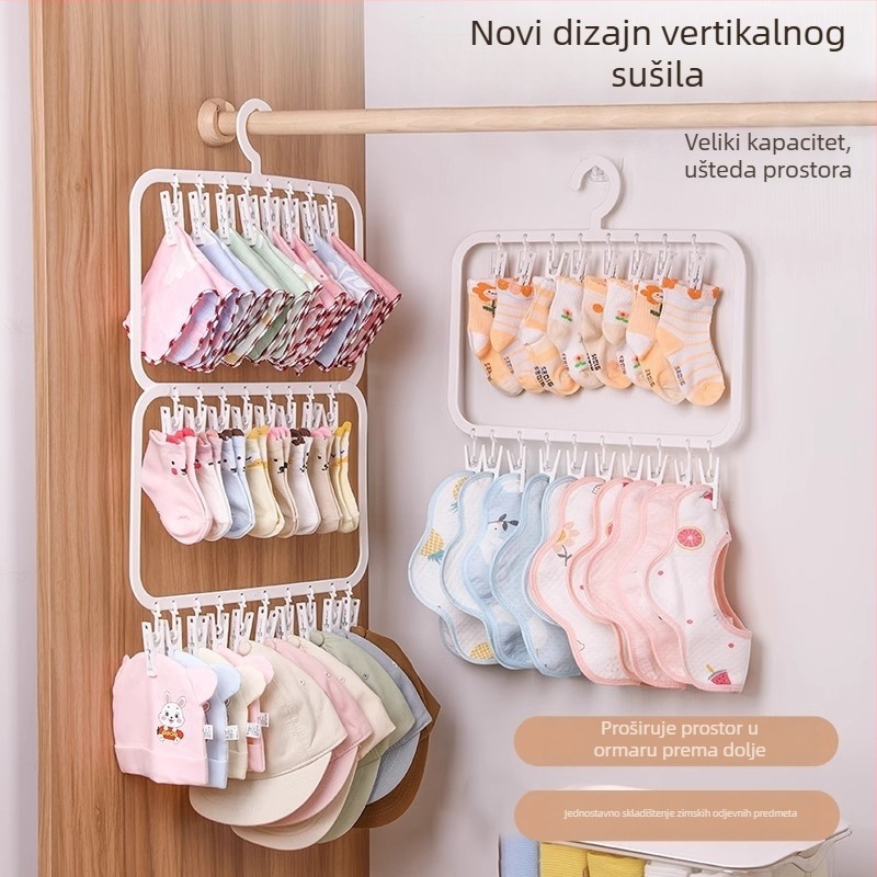 Dječja vješalica za garderobu s više klipova — plastična, model 2619; dvostruki sloj s 18 klipova i trostruki sloj s 26 klipova; pogodna za odjeću, hlače i kravate