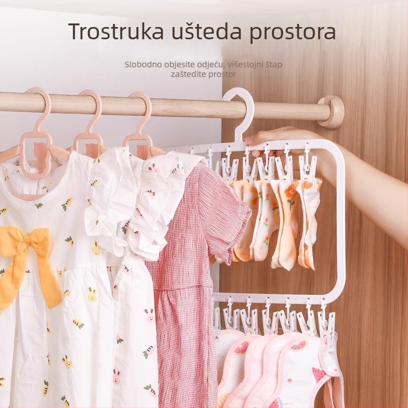 Dječja vješalica za garderobu s više klipova — plastična, model 2619; dvostruki sloj s 18 klipova i trostruki sloj s 26 klipova; pogodna za odjeću, hlače i kravate