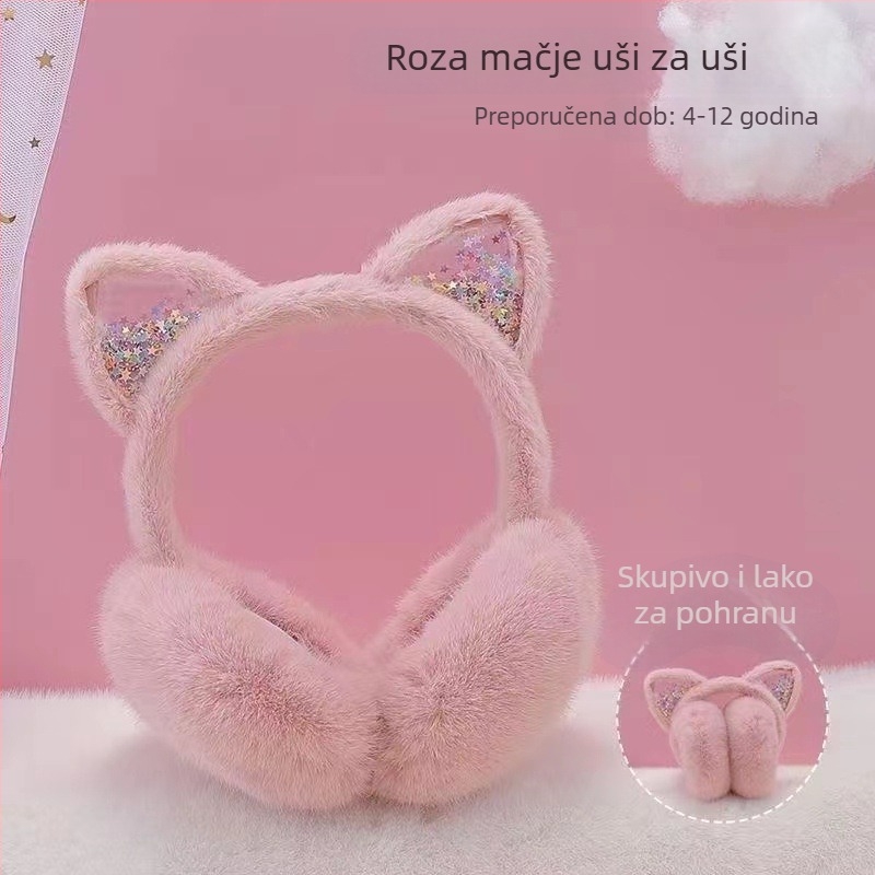 Dječje ušne zaštitne maskice s mačjim ušima, zimska toplina, s flisom, sklopne, umjetno krzno