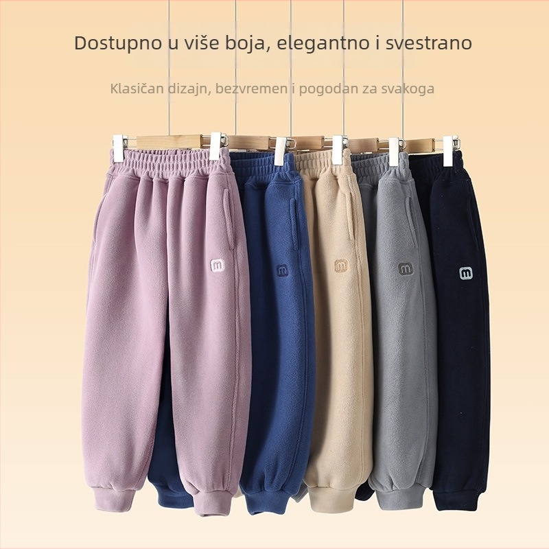 Unisex dječje hlače s fleece podstavom za zimu, sportski stil, baršunasta tkanina, 97,5% polyester, srednji pojas