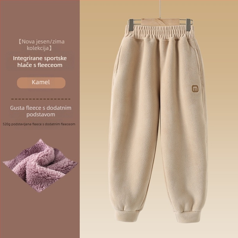 Unisex dječje hlače s fleece podstavom za zimu, sportski stil, baršunasta tkanina, 97,5% polyester, srednji pojas