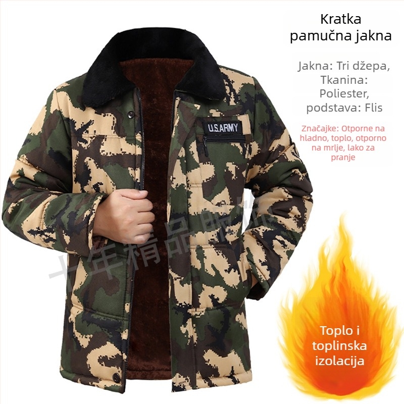 Muška radna jakna s pamukovim punjenjem, kapuljačom, fleece podstava, maskirni uzorak