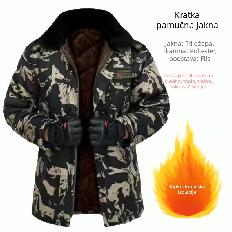 Muška radna jakna s pamukovim punjenjem, kapuljačom, fleece podstava, maskirni uzorak