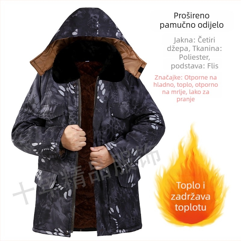 Muška radna jakna s pamukovim punjenjem, kapuljačom, fleece podstava, maskirni uzorak