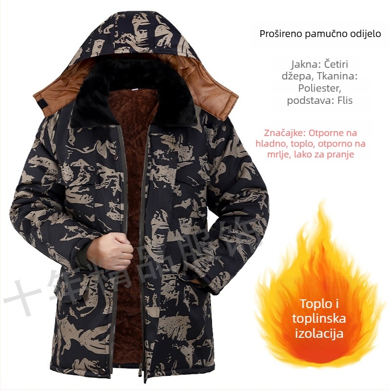 Muška radna jakna s pamukovim punjenjem, kapuljačom, fleece podstava, maskirni uzorak