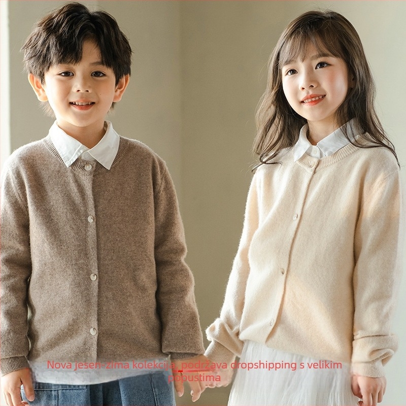 Dječji kardigan od 100% vune s okruglim izrezom, dugim rukavima, pleteni pulover za djecu od 8 godina