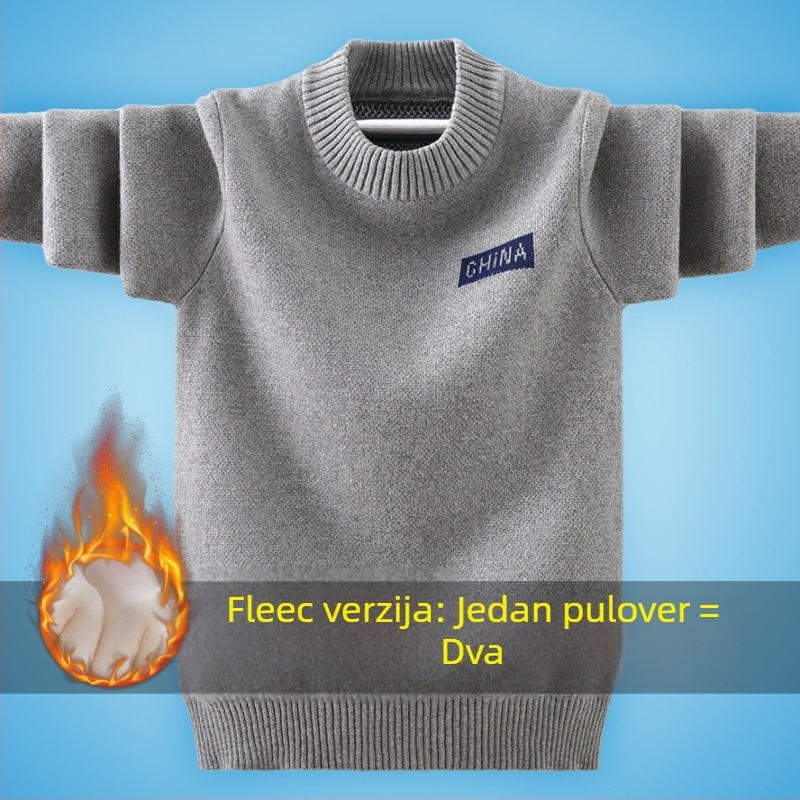 Dječji pamučni pleteni pulover s flis podstavom, dugi rukavi, okrugli ovratnik, uzorak crtani/slova