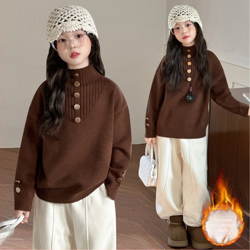 Pulover za djevojčice s flis podstavom, debeli pleteni pulover, korejskog stila, stojeći ovratnik, dugi rukav, za djecu 8+ godina