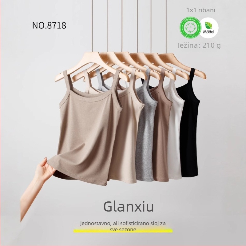 Camisola bez rukava od pamuka, uski kroj, jednobojni dizajn, ležerni sling stil, proljeće 2025