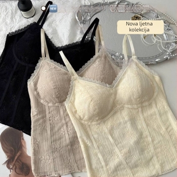 Kamizola s čipkom, najlonska tkanina, s ugrađenim jastučićima za grudi, V izrez, vest stil top