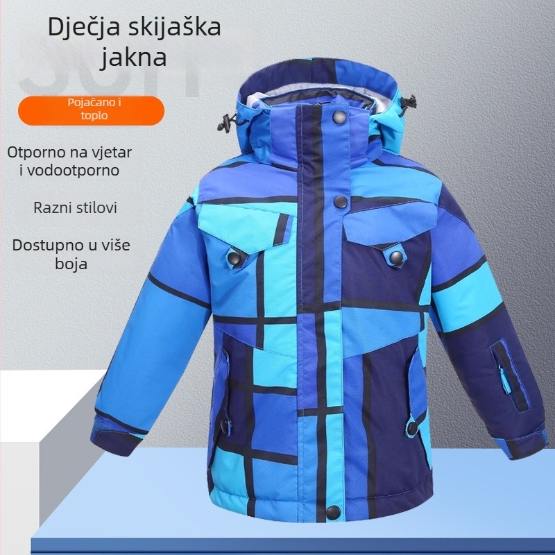Dječja skijaška jakna: prozračna, vodootporna, otporna na vjetar, topla, otporna na habanje; materijal: mješavina kemijskih vlakana; podstava: poliester; punilo: PP pamuk