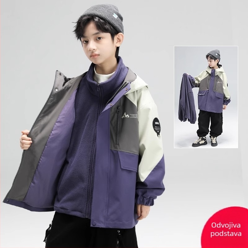 Dječja 3-u-1 vanjska jakna za skijanje, vodootporna 1500 mm, otporna na vjetar, kapuljača, odvojiva podstava od poliestera