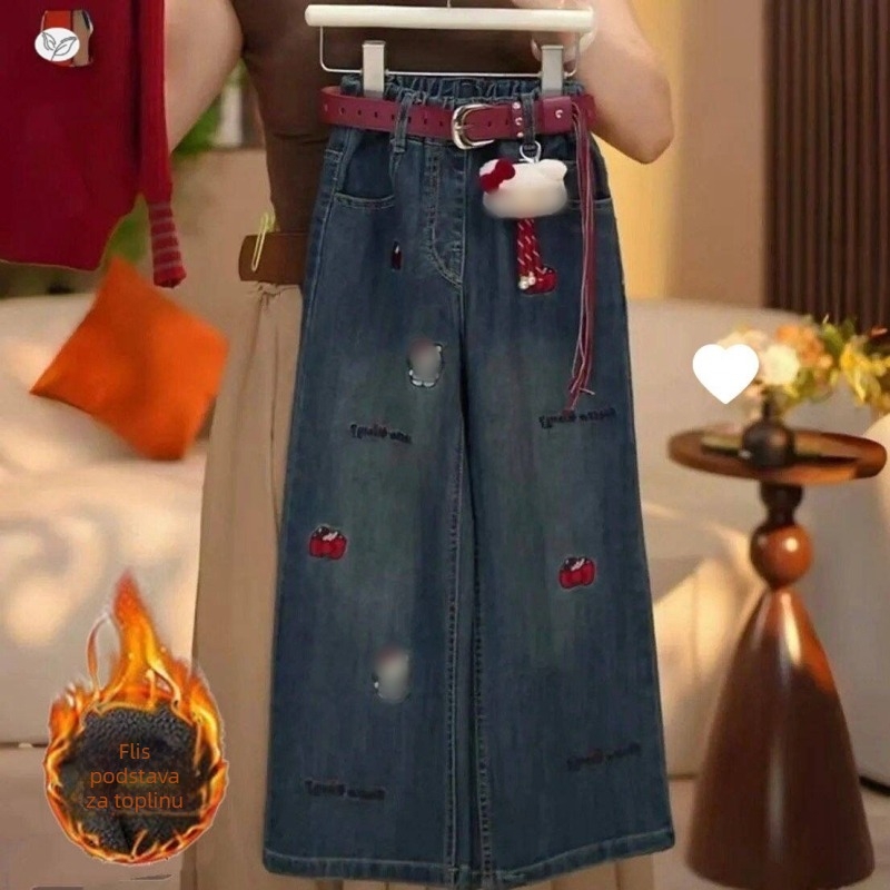 Dječji dvodijelni komplet: pleteni džemper s ovratnikom i traperice s printom crtića – pamuk 55%, mekani materijal, jesen-prijelazno, od 8 godina