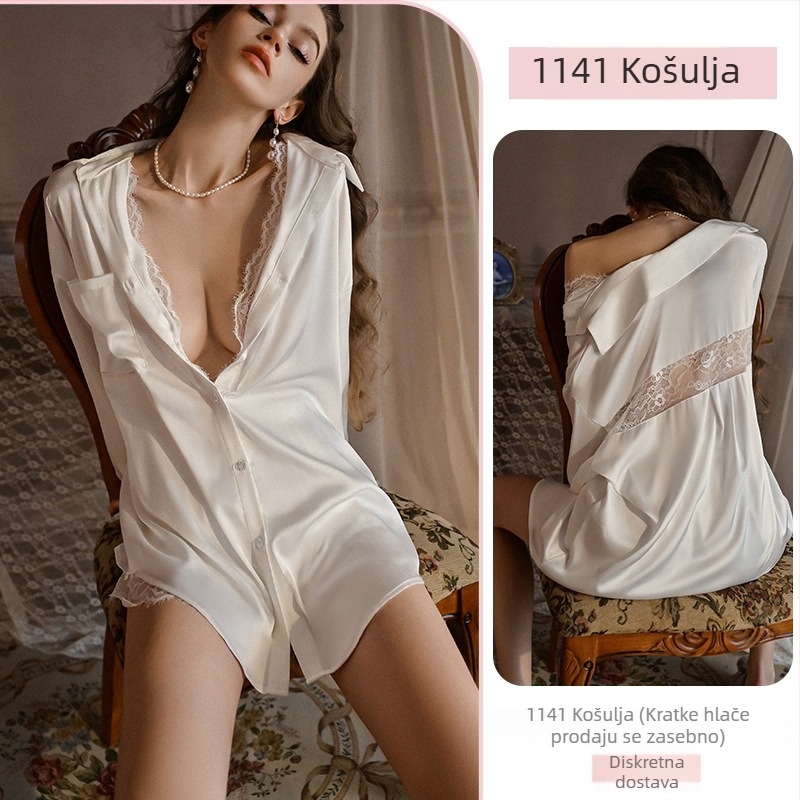 Plus-size seksi pidžama set s čipkom, V-izrez, duge rukave, lagani poliester, kućna odjeća