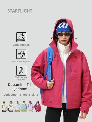 Jakna s kapuljom za vanjske aktivnosti, jednobojna poliester tkanina, debeli materijal, opuštena silueta, zatvarač sprijeda