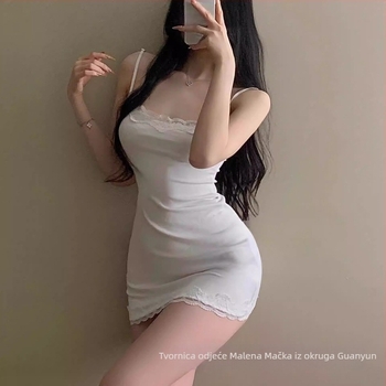 Modalna slip haljina s patchwork čipkom, U izrez, kratka duljina, prozračna