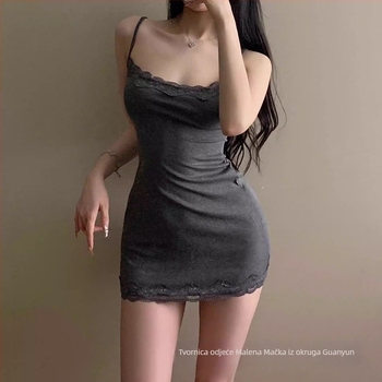 Modalna slip haljina s patchwork čipkom, U izrez, kratka duljina, prozračna