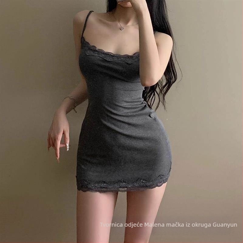 Modalna slip haljina s patchwork čipkom, U izrez, kratka duljina, prozračna