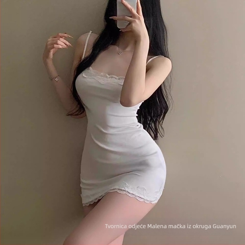 Modalna slip haljina s patchwork čipkom, U izrez, kratka duljina, prozračna