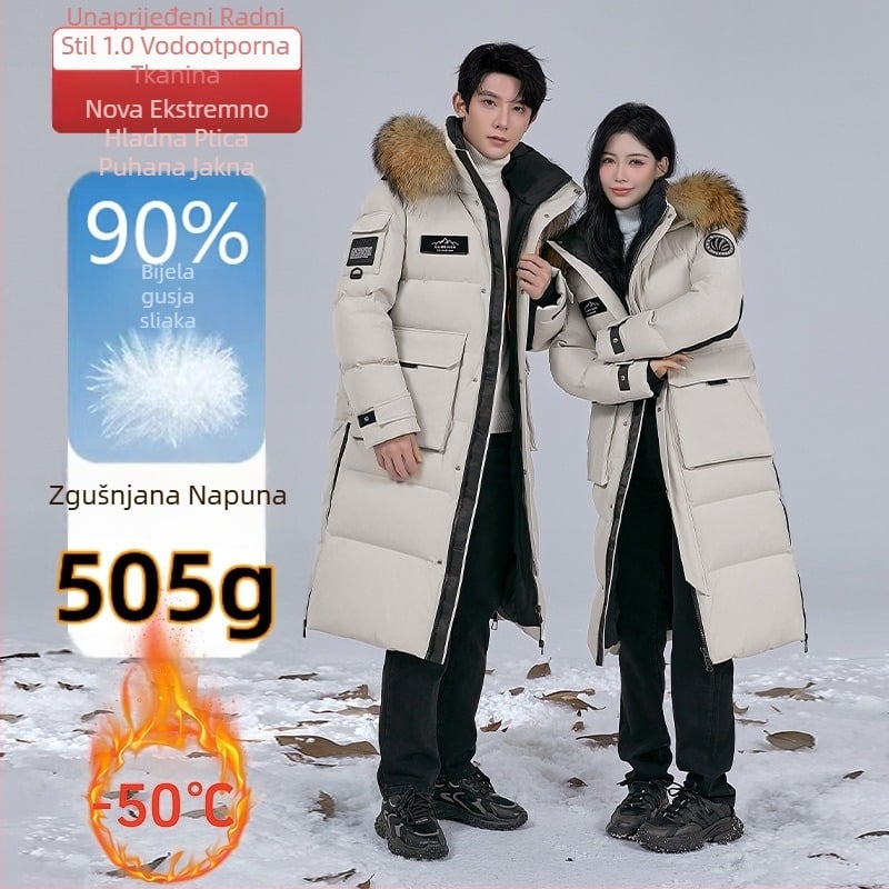 Unisex jakna od gusjih pera za ekstremnu hladnoću, dužina do koljena, punjenje >450 g, sadržaj perja 86–90%, zaštita od -50 do -20°C, zatvarač