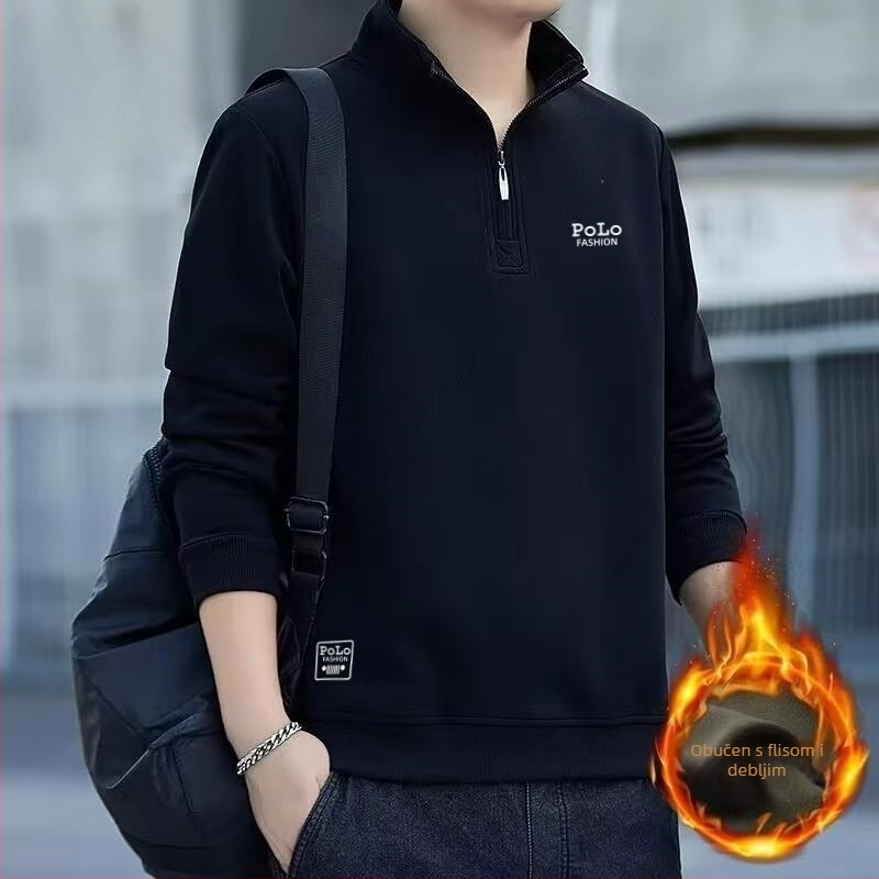 Muški dukserica s poluzipom i stojećim ovratnikom, pamuk-mješavina, dugi rukavi, široki kroj, izšiveno