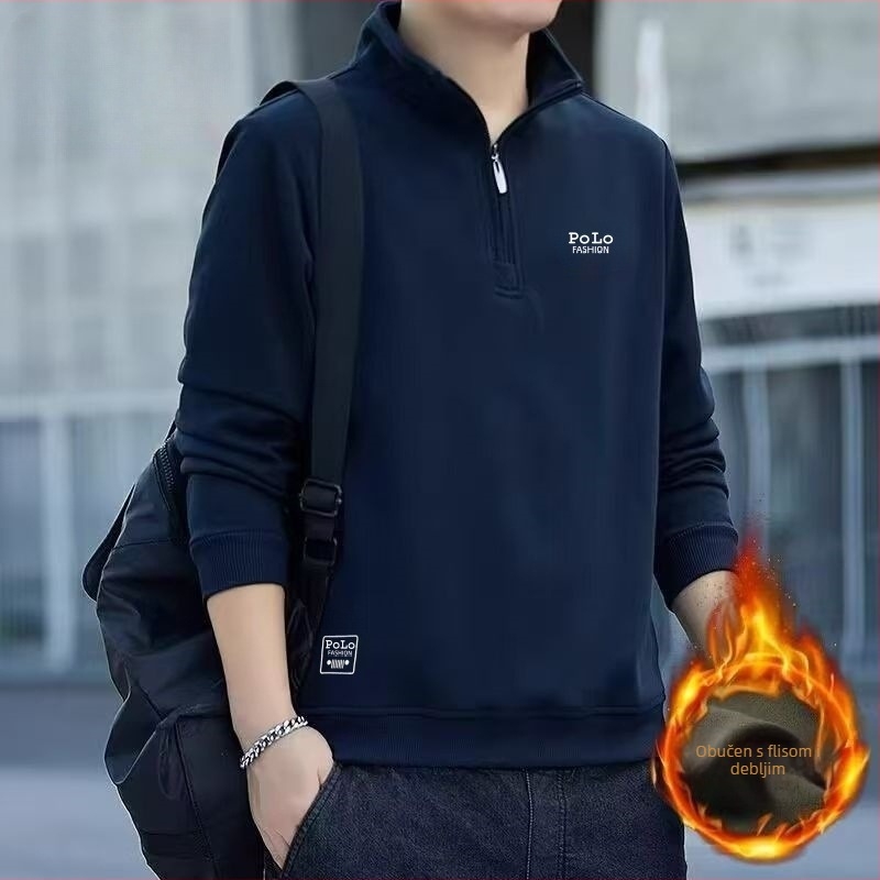 Muški dukserica s poluzipom i stojećim ovratnikom, pamuk-mješavina, dugi rukavi, široki kroj, izšiveno