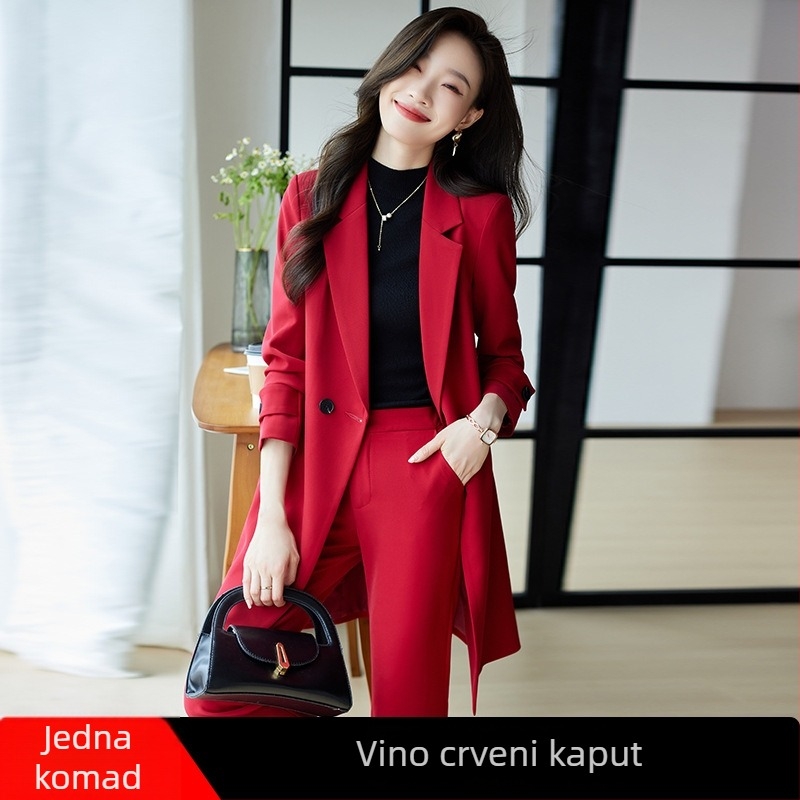 Ženski windbreaker kostim | tkanina TR; poliester 95% + elastan 5%; ovratnik odijela; dva gumba; srednje duljine