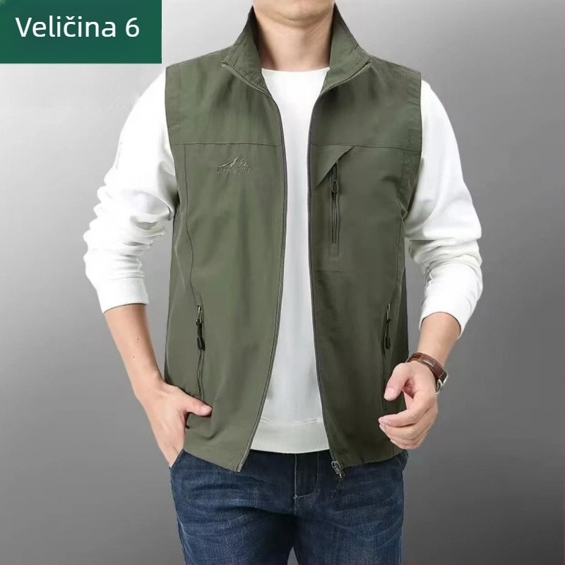 Muška windproof outdoor vesta s višestrukim džepovima, lagani poliester, bočni džepovi, ravni rub, sportski stil