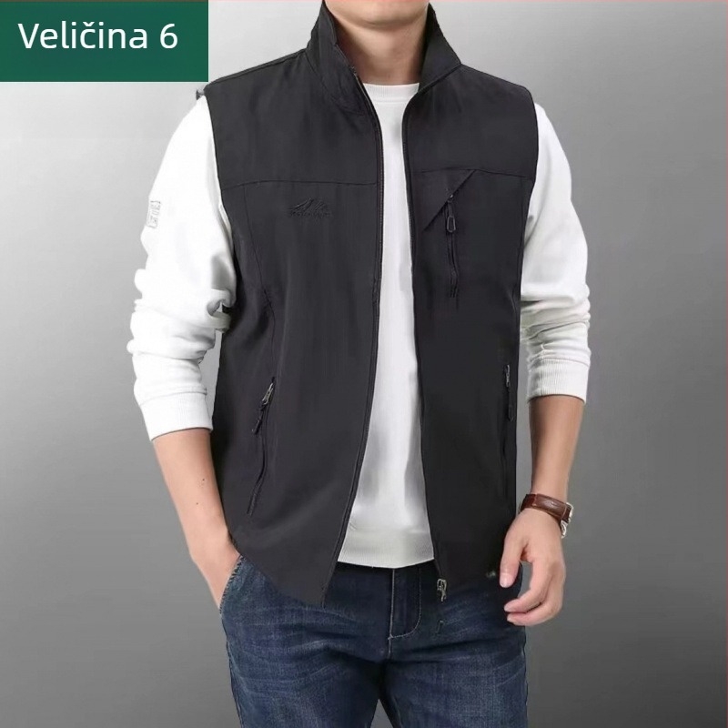 Muška windproof outdoor vesta s višestrukim džepovima, lagani poliester, bočni džepovi, ravni rub, sportski stil