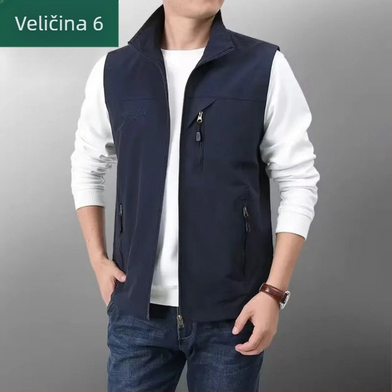 Muška windproof outdoor vesta s višestrukim džepovima, lagani poliester, bočni džepovi, ravni rub, sportski stil