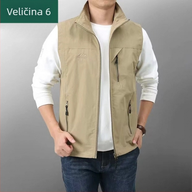Muška windproof outdoor vesta s višestrukim džepovima, lagani poliester, bočni džepovi, ravni rub, sportski stil